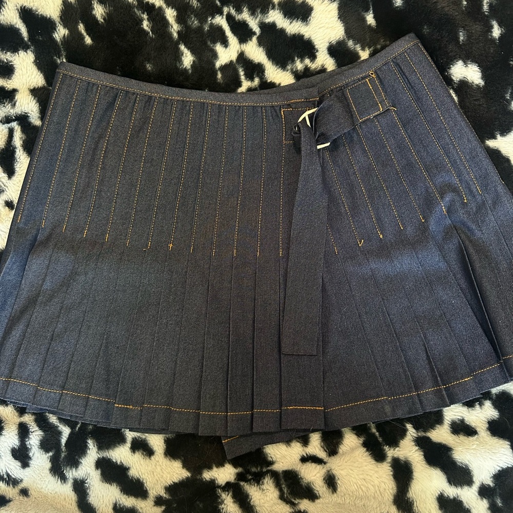 Dark Denim Pleated Mini Skirt with Belt